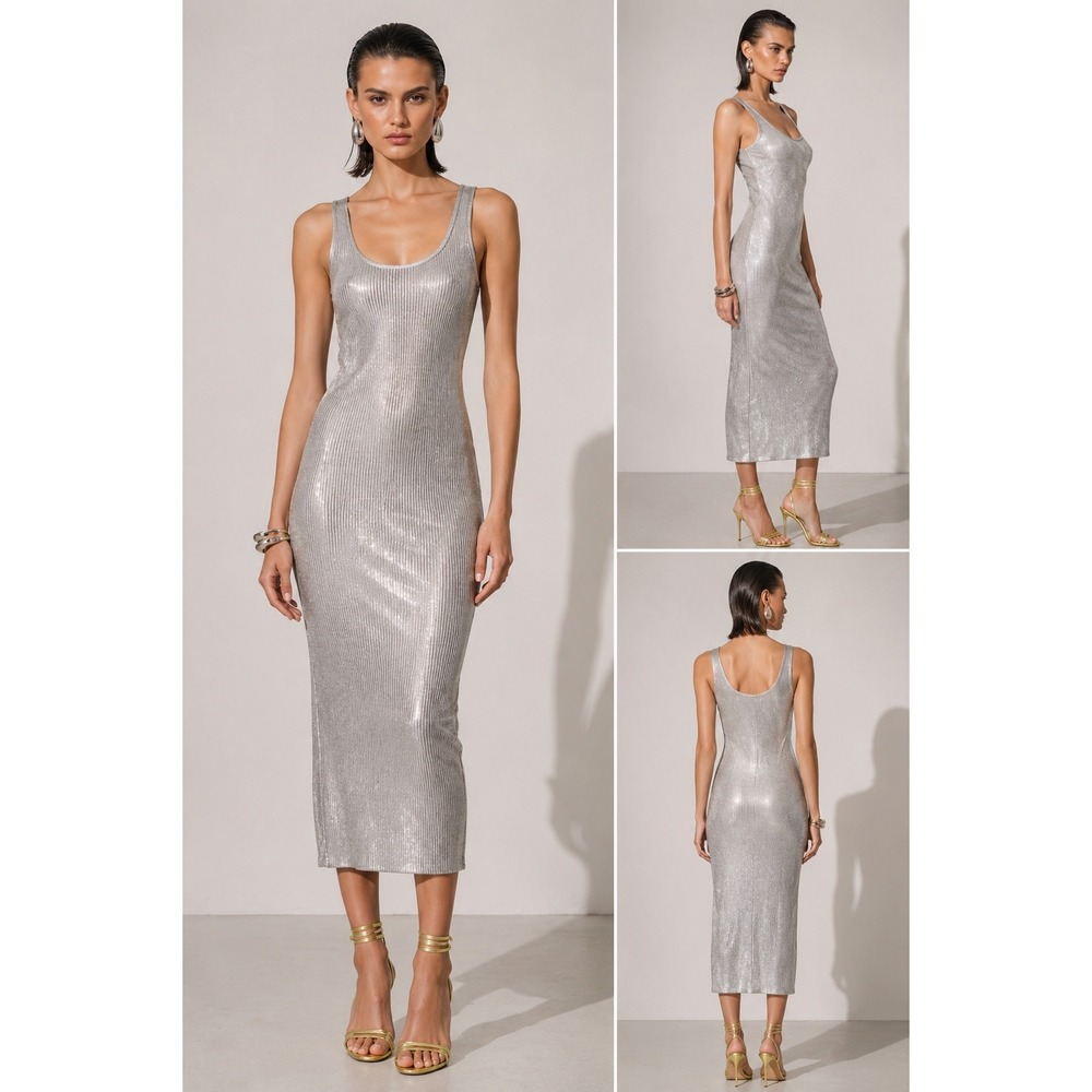 Hera Collection Ribbed Metallic Maxi Dress L Silver Sleeveless Bodycon Glam Club